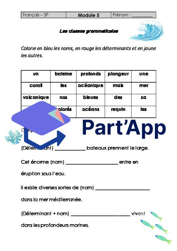 Module Francais Part'App | Français 5P - Module 5 - Classes grammaticales